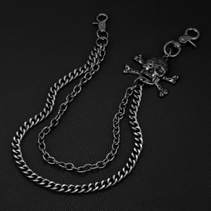 Double-layered punk pants chain with a crystal skull pendant and twin lobster clasps