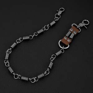 Minimalist punk spring link leather key chain for trousers in dark grey stainless steel