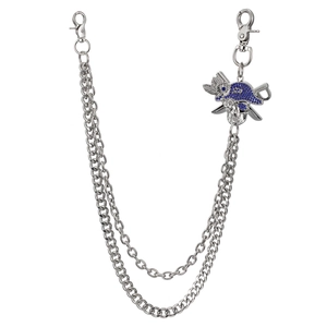 Detail of silver double hip hop wallet chain with blue rhinestone pirate skull charm