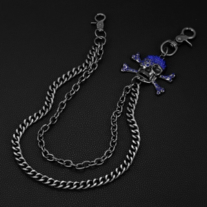 Punk double layer trousers chain with blue rhinestone skull pendant and lobster clasps