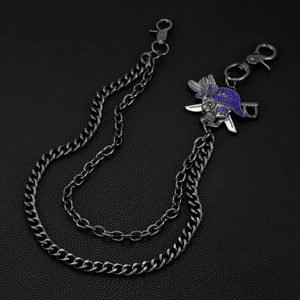 Double-layered hip hop skull waist chain with blue rhinestones on black leather