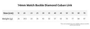 Size chart for 14mm Cuban link chain necklace with weight data for 18cm to 70cm lengths