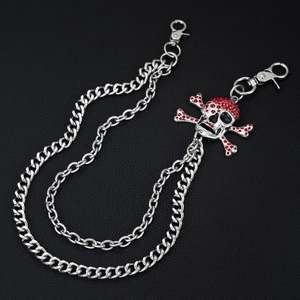 Silver skull and crossbones double layered punk pant chain with red rhinestones