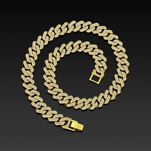 14mm gold Cuban link chain set with sparkling rhinestones and a secure square clasp