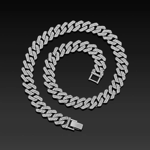 Classic 14mm silver Cuban link necklace set with sparkling iced out rhinestones