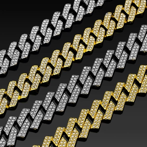 Wide 15mm cuban link chain set with sparkling rhinestones in gold and silver finish