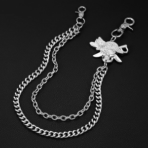 Silver double layer punk pant chain with rhinestone skull and crossbones pendant