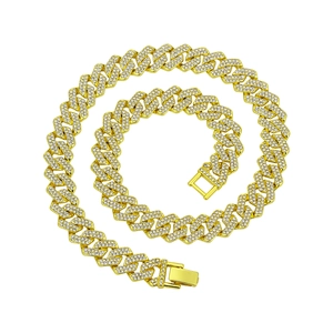 14mm gold Cuban link chain set with sparkling rhinestones and secure watch clasp