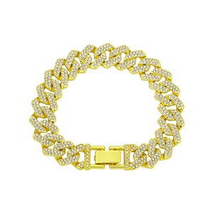 Close-up of 14mm Cuban link bracelet with 18K gold plating and pave-set white rhinestones