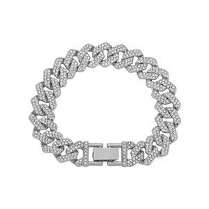 Macro shot of 14mm silver Cuban bracelet featuring double row rhinestones and watch clasp