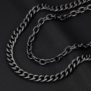 Close-up of gunmetal double-layer curb link chain with vintage punk finish on leather