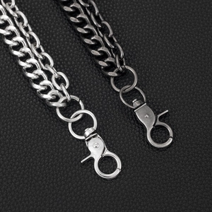 Detail view of double-layer punk hip hop chains with swivel lobster clasp on leather
