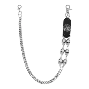 Silver punk pants chain featuring metal skulls, cross leather patch, and lobster clasps