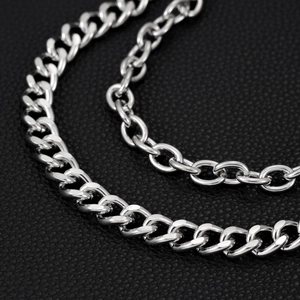 Close-up of polished silver Cuban link chain on a textured black leather background