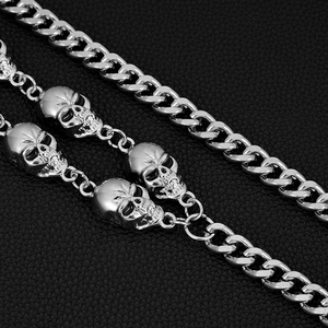 Silver punk double layer trouser chain with skull and cross charms on leather