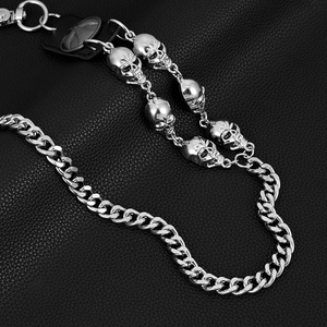 Punk silver double layer pant chain with skull charms and leather clip on black base
