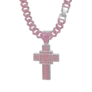 Iced-out Cuban-Kette mit großem rosa Strass-Kreuzanhänger für Damen im Hip-Hop-Stil