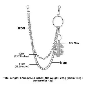 Detail view of silver punk hip hop wallet chain with rhinestone dollar sign pendant and clips