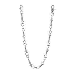 Punk style silver screw nut metal trouser chain with lobster clasps on white background
