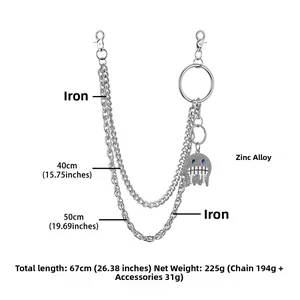 Detail of DIY detachable multilayer pants chain with blue-eyed ghost pendant and snap hooks
