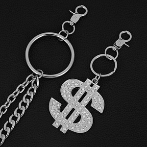 Punk hip-hop silver metal pants chain set with rhinestone dollar sign and Cuban links