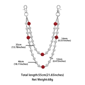 Detail view of 14mm double-layer Shamballa waist chain with red and silver pavé beads