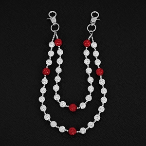 Detail of hip hop double-layered chain featuring 14mm red and white crystal rhinestone balls