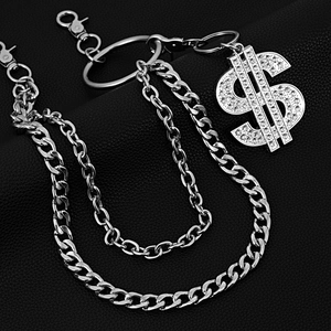 Silver Cuban link hip hop pants chain with sparkling iced-out dollar sign pendant
