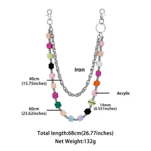Detail of double-layer metal pant chain with colorful 14mm acrylic cube beads