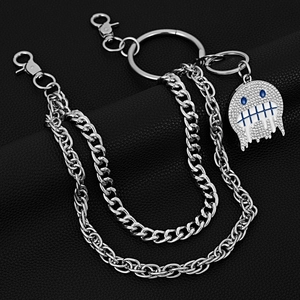 Punk multilayer silver metal pant chain with crystal skull pendant and lobster clasps