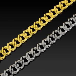 Gedetailleerde weergave van gouden en zilveren 12mm Cubaanse schakels op zwart decor