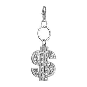 Silver DIY hip hop keychain featuring a sparkling dollar sign pendant with rhinestones