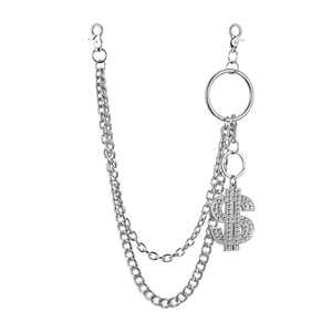 Silver hip hop multi-layer pant chain with rhinestone dollar sign pendant and lobster clasps