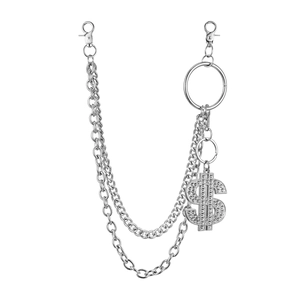 Close-up of double-layered silver pant chain featuring a crystal-studded dollar pendant