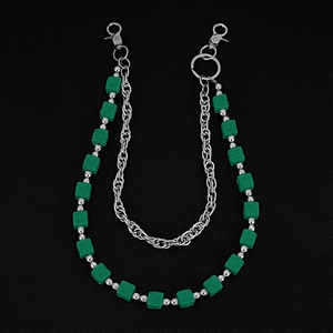 Double-layered hip hop waist chain with green resin cubes and silver metal links on leather