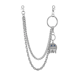 Three-layer silver metal pants chain with iced-out ghost pendant and blue gem eyes