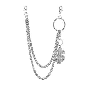 Close-up of dual-layer silver metal pants chain with rhinestone dollar sign pendant