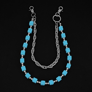 Detail of double-layer pant chain with sky blue square beads and silver metal rings