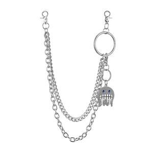 Detail of silver double layered pants chain with crystal ghost pendant and metal rings