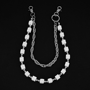 Punk style double-layered hip-hop pants chain with white dice beads and silver metal links