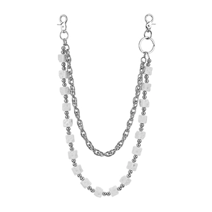 Three-layer trouser chain with silver metal links and white cheese cube beads