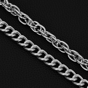 Detail of silver double-layered pants chains with Cuban link and interlocking ring design