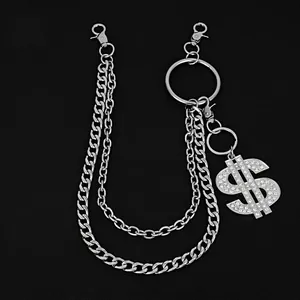 Hip Hop Punk Metal Waist Chain For Men Women Silver Dollar Sign Pendant Double Layer Trouser Belt Chain Rhinestone Jewelry