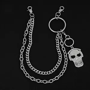 Chaîne de Taille Hip Hop Punk Chaîne de Pantalon en Métal Double Couche Avec Pendentif Crâne Casque en Strass Bijoux pour Hommes Femmes