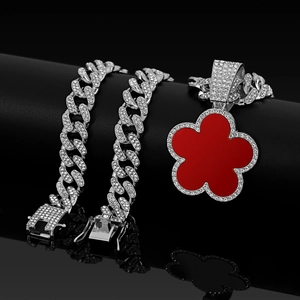 Cuban chain jewelry set with iced out stones and a red clover pendant necklace