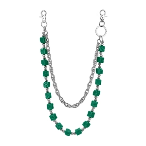 Close-up of double-layer pant chain with green cube beads and silver metal links