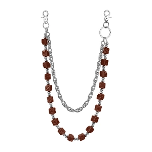 Double-layered hip hop trousers chain with silver links and brown cheese-patterned beads