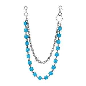 Detail of silver alloy pants chain with sky blue resin dice and dual lobster clasps
