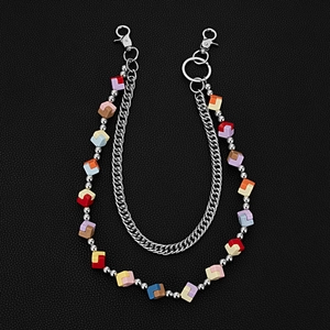 Double-layered hip hop trousers chain with colorful dice blocks and silver metal link chain