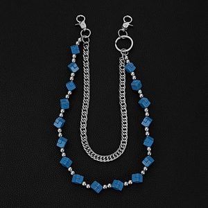 Punk style double layered silver Cuban chain with blue cube charms for trousers